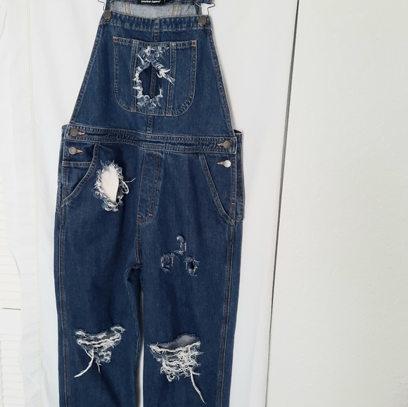 American Apparel Tomgirls 100% Cotton Distress Denim Blue Jeans Overalls Size L - Picture 15 of 15